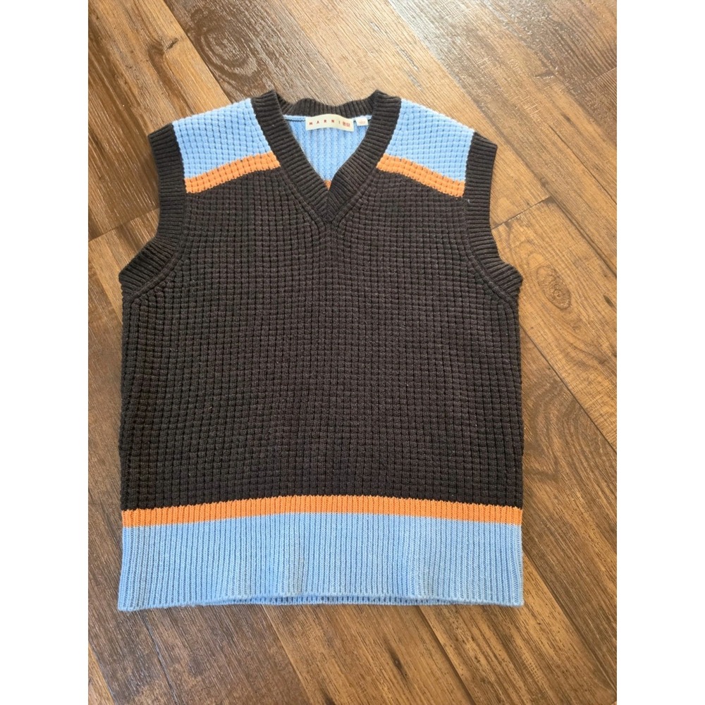 Marni x Uniqlo Sweater Vest Size L Blue Orange V-Neck Brown Waffle Knit